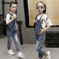 okoufen 2019 new fashion spring and autumn girls jean overalls brand kid clothes girl overall children broken hole pant