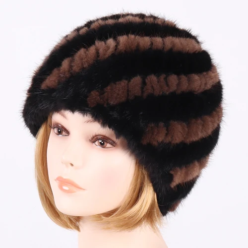 BROWN AND BLACK Новинка, милая меховая шапка из натуральной норки для женщин,, зимняя вязаная шапка из натурального меха норки, шапки, опт и розница, шапка из натурального меха норки s - Цвет: BROWN AND BLACK