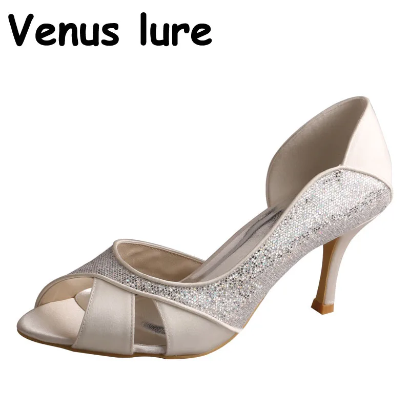 

Wedopus Brand Silver Glitter Heels for Wedding Peep Toe Women Party Pumps