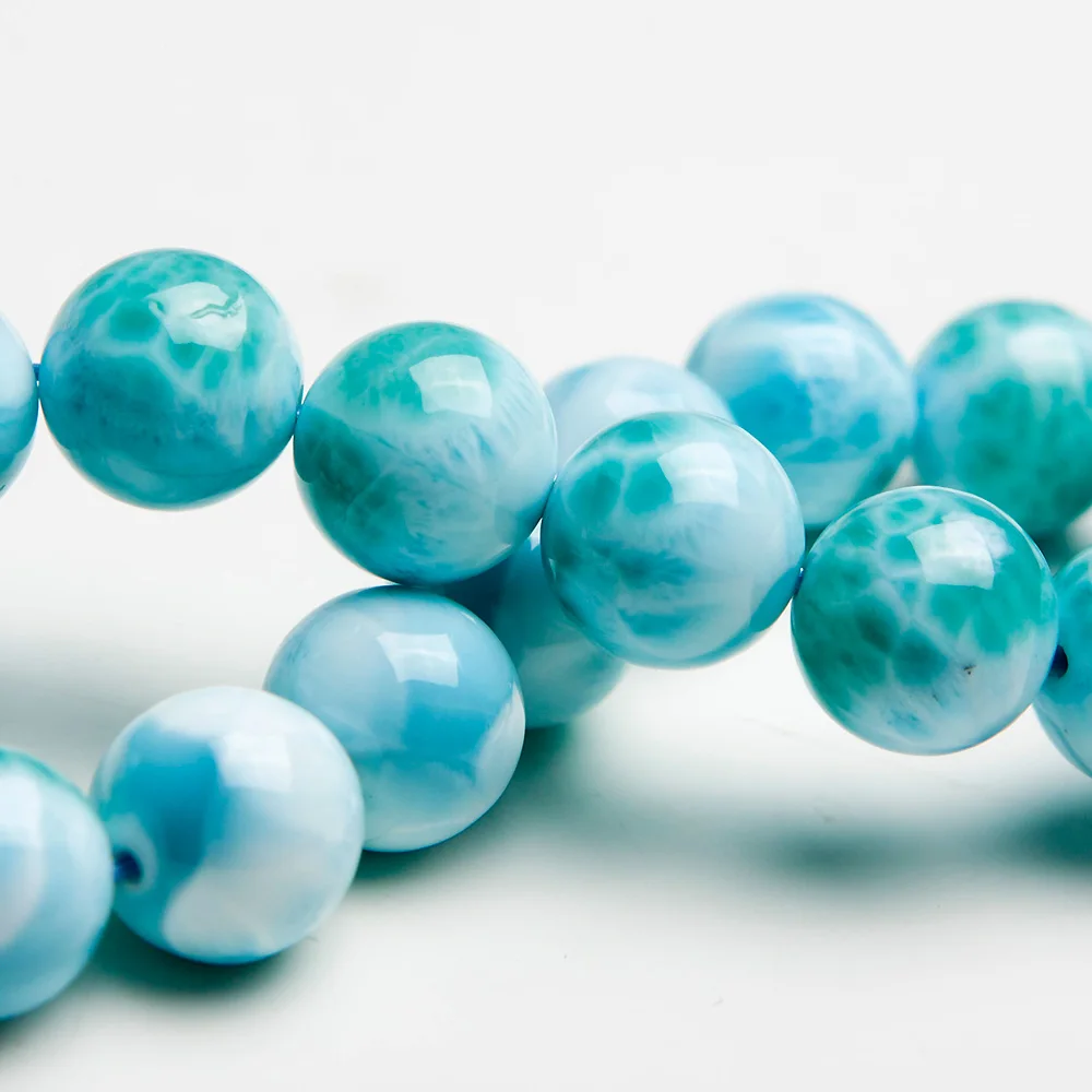

12mm Natural Larimar Blue Beads Bracelet From Dominica Gemstone Healing Stretch Water Pattern AAAAAA