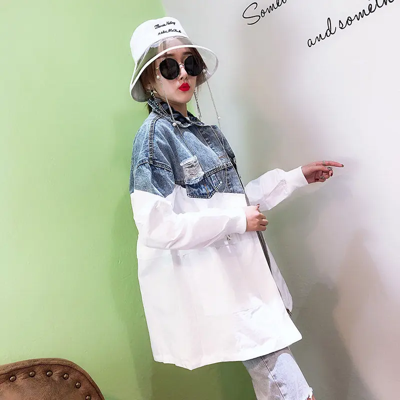 Женская джинсовая куртка составного кроя в стиле Харадзюку осеннее пальто с