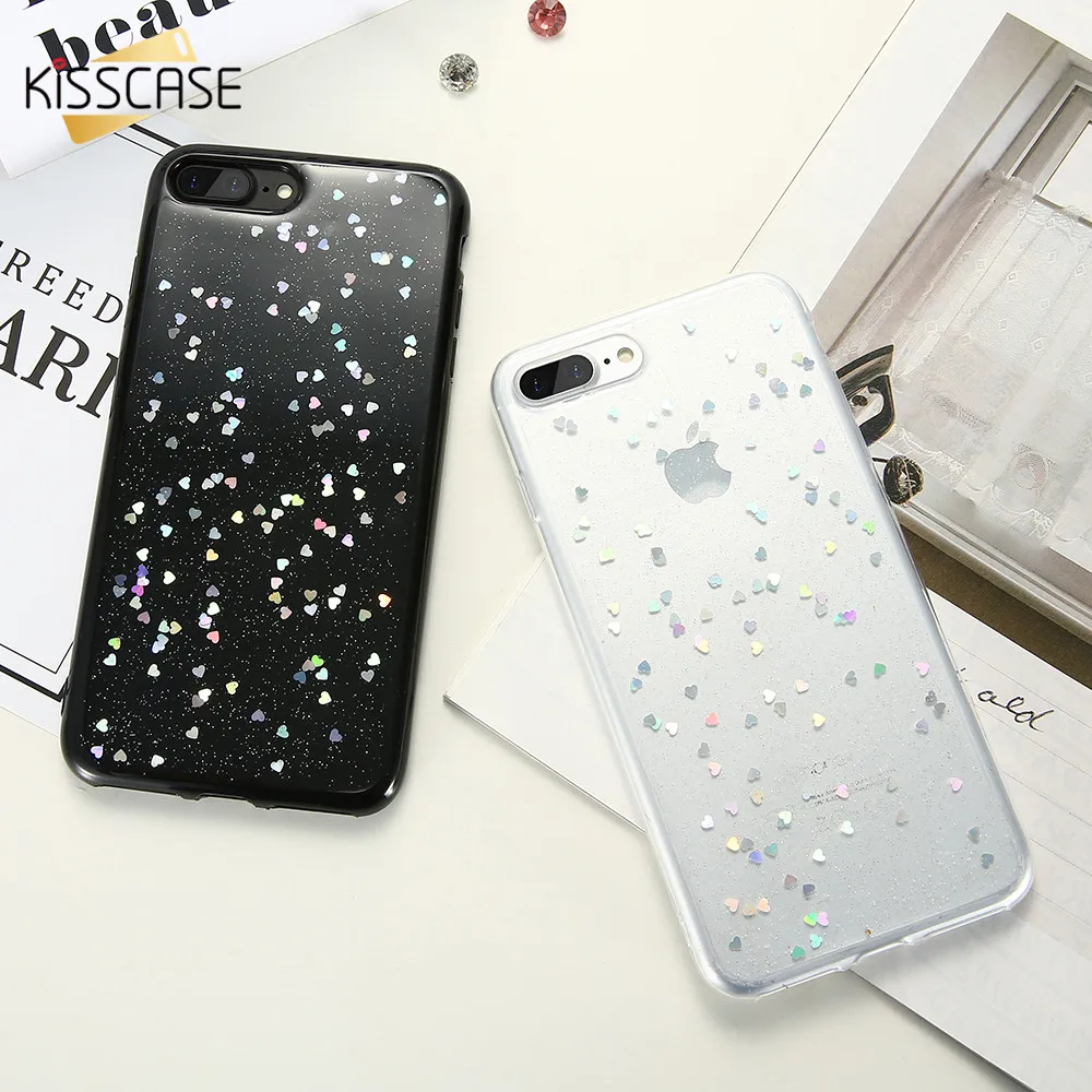 Kisscase блеск сердце любовь силиконовые чехлы для iPhone 7 6 6S плюс мода сотовый телефон