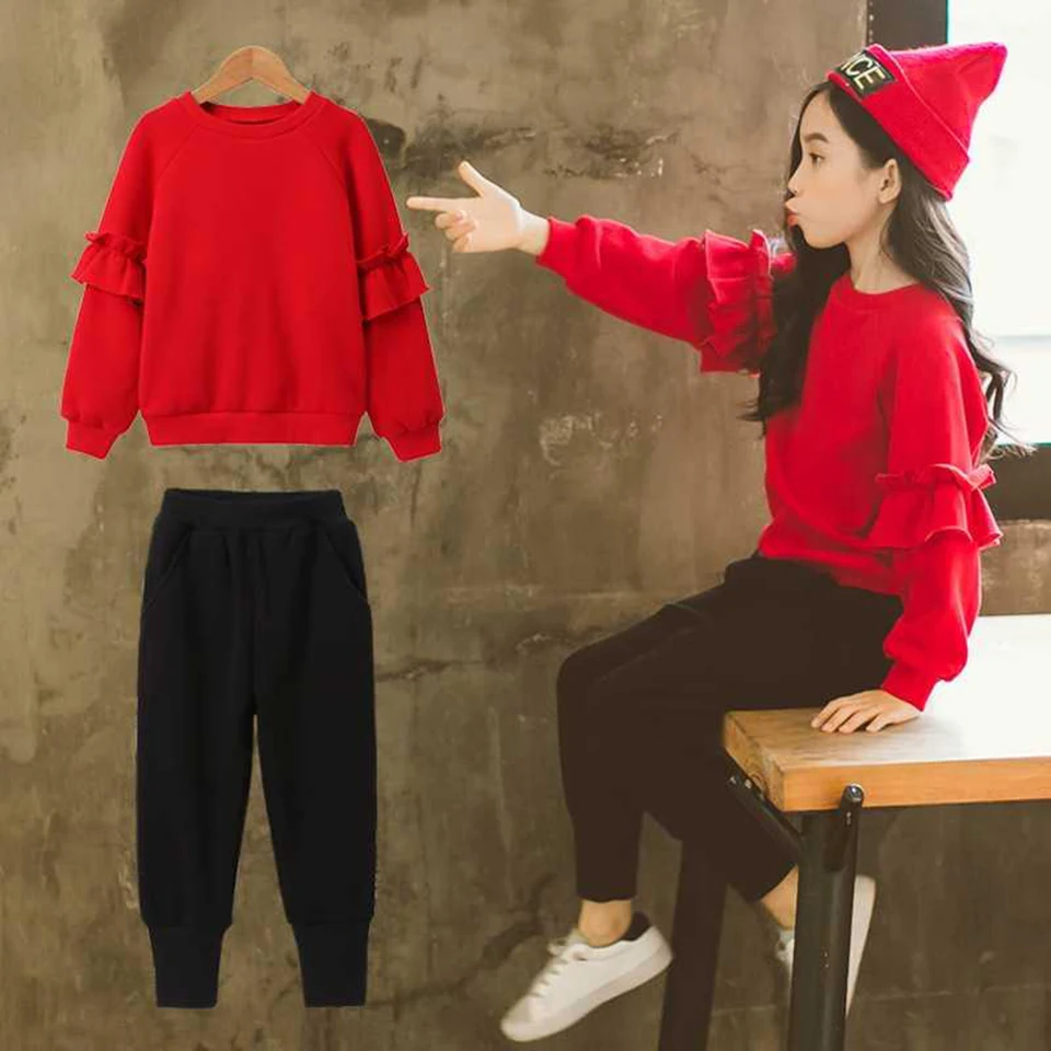 Купи Cute Beautiful Spring Autumn Baby Girls Clothes Sets 2PCS Red Color Pullover Tops Sweatshirt+Pants Outfits 3-12 Yrs Girls Wear за 728 рублей в магазине AliExpress
