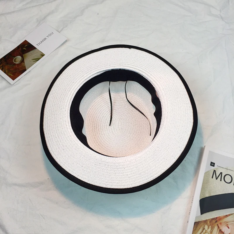 Женская Соломенная шляпка HT915 Белая от солнца с круглым плоским верхом бантом из