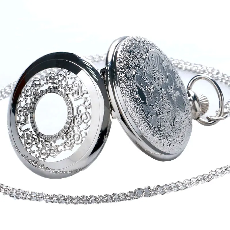 

Antique Stainless Steel Half Hunter Hollow Silver Quart Pocket Watch Men Women Gift With Necklace Chain Free Drop Shipping