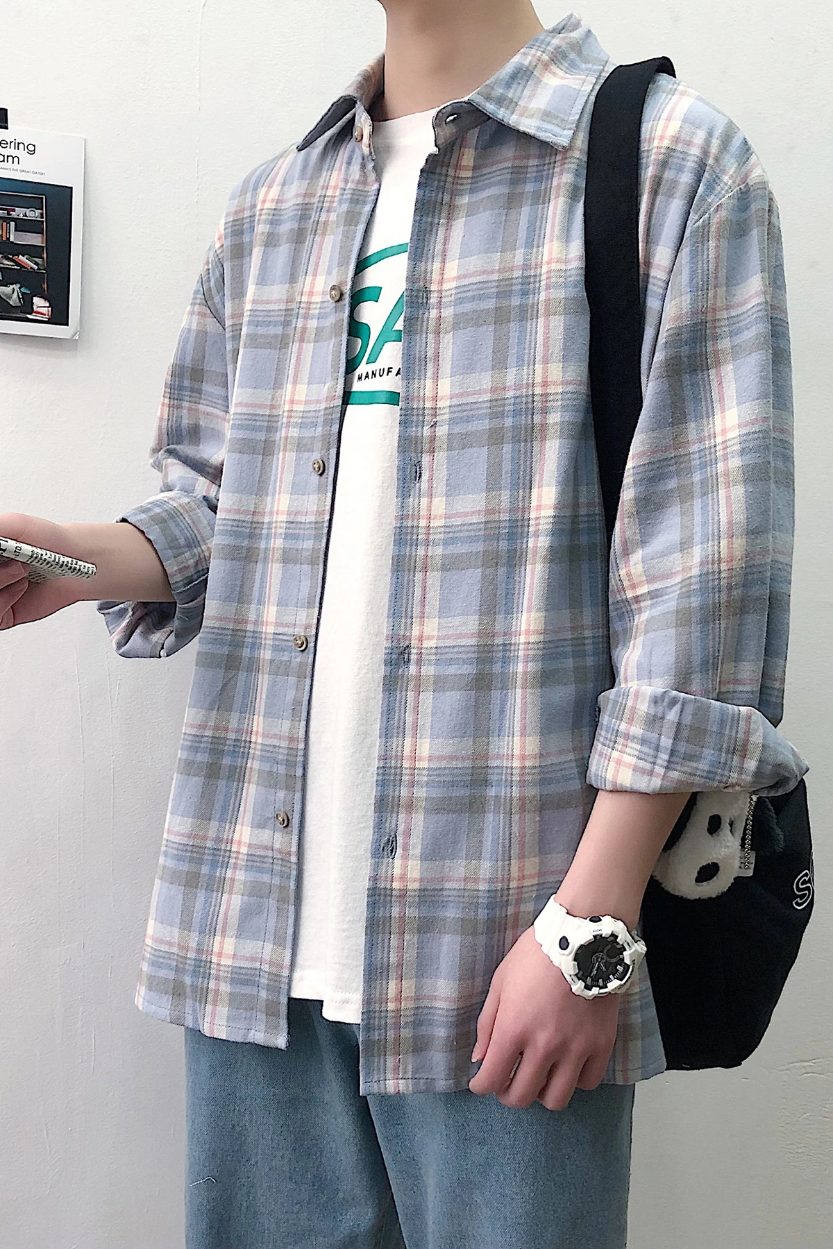 

2019 New Ulzzang Korean Style Teenage Youth Men S-XXL Ins Pop Long Sleeved Plaid Shirt