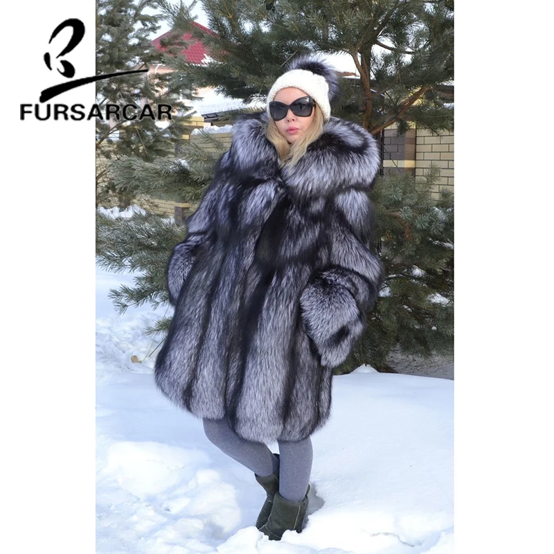 FURSARCAR New Winter Real Fox Fur Coat Women Fashion Winter Thick Long Coat With Fur Hood Luxury Natural Fox Fur Female Jacket