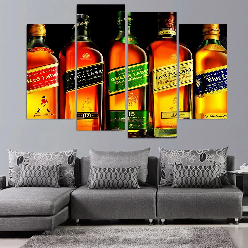 4 панели Холст Картина Johnnie Walker на холсте виски домашний Декор печать плакат
