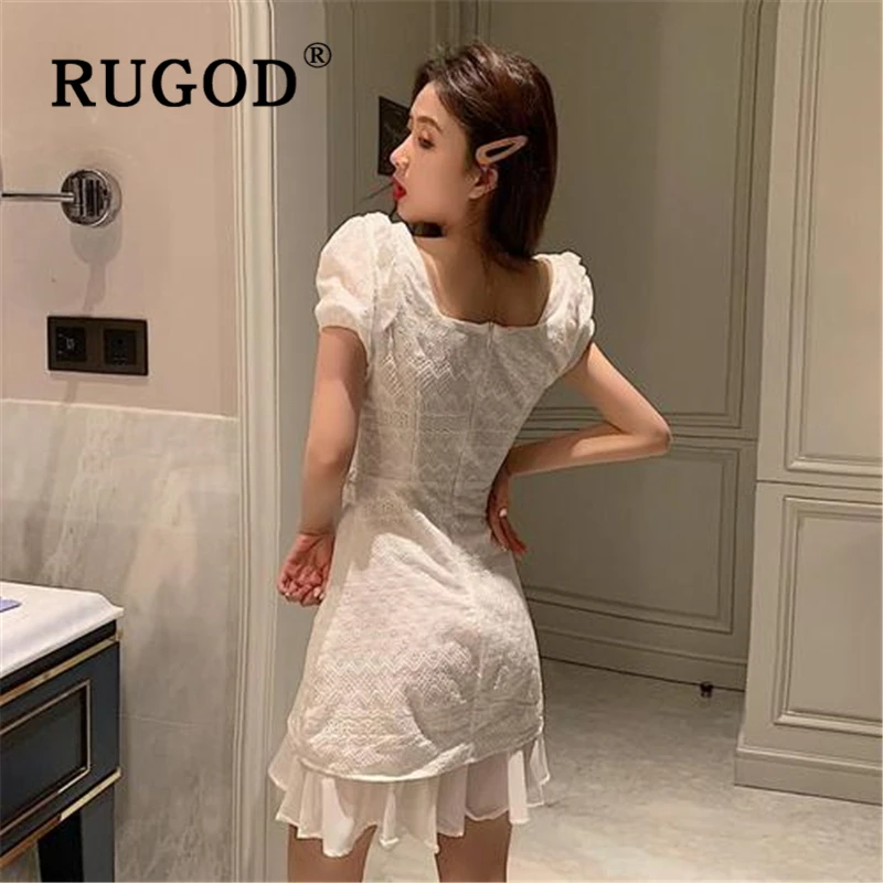 Женское кружевное платье RUGOD белое ажурное в Корейском стиле с пышными рукавами