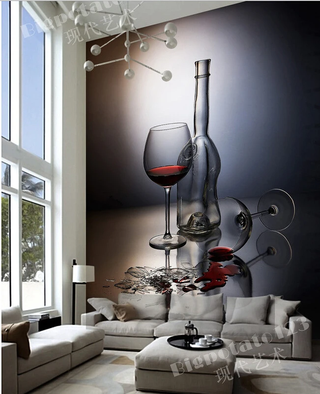 

Custom 3D large murals,red wine goblet glass photography , living room sofa TV wall bedroom background wall paper