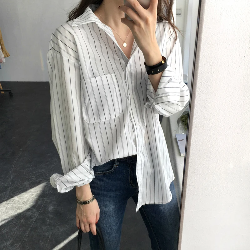 Женская Свободная блузка с карманами Повседневная белая рубашка в полоску