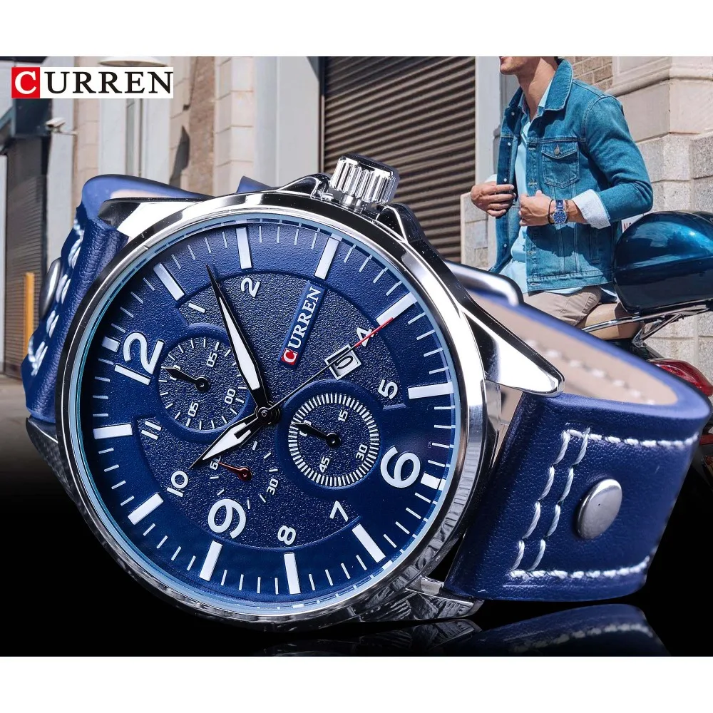 CURREN 2018 модные дизайнерские часы с календарем синие мужские ремешком из