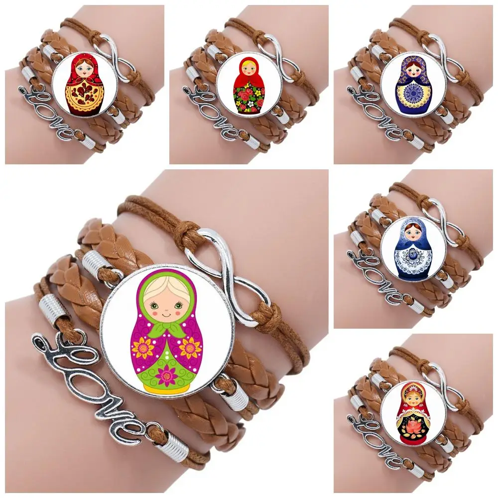 Antique Vintage Style Multilayer Black/Brown Leather Bracelet Bangle Jewellery For Girls Gifts Russian Dolls | Украшения и