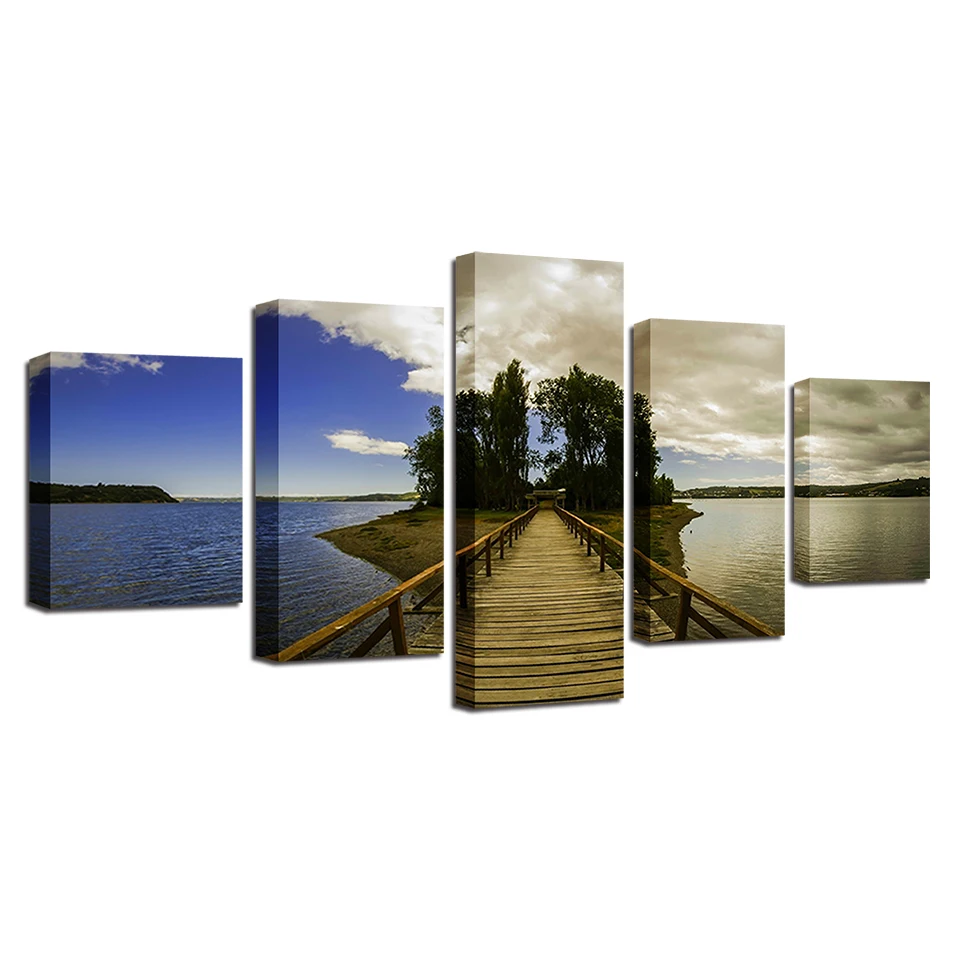 Wall Art HD Printed 5 Pieces Wooden Bridge Green Trees Blue Sky And Sea Scenery Modular Canvas Pictures Artworks Decor Paintings | Дом и сад