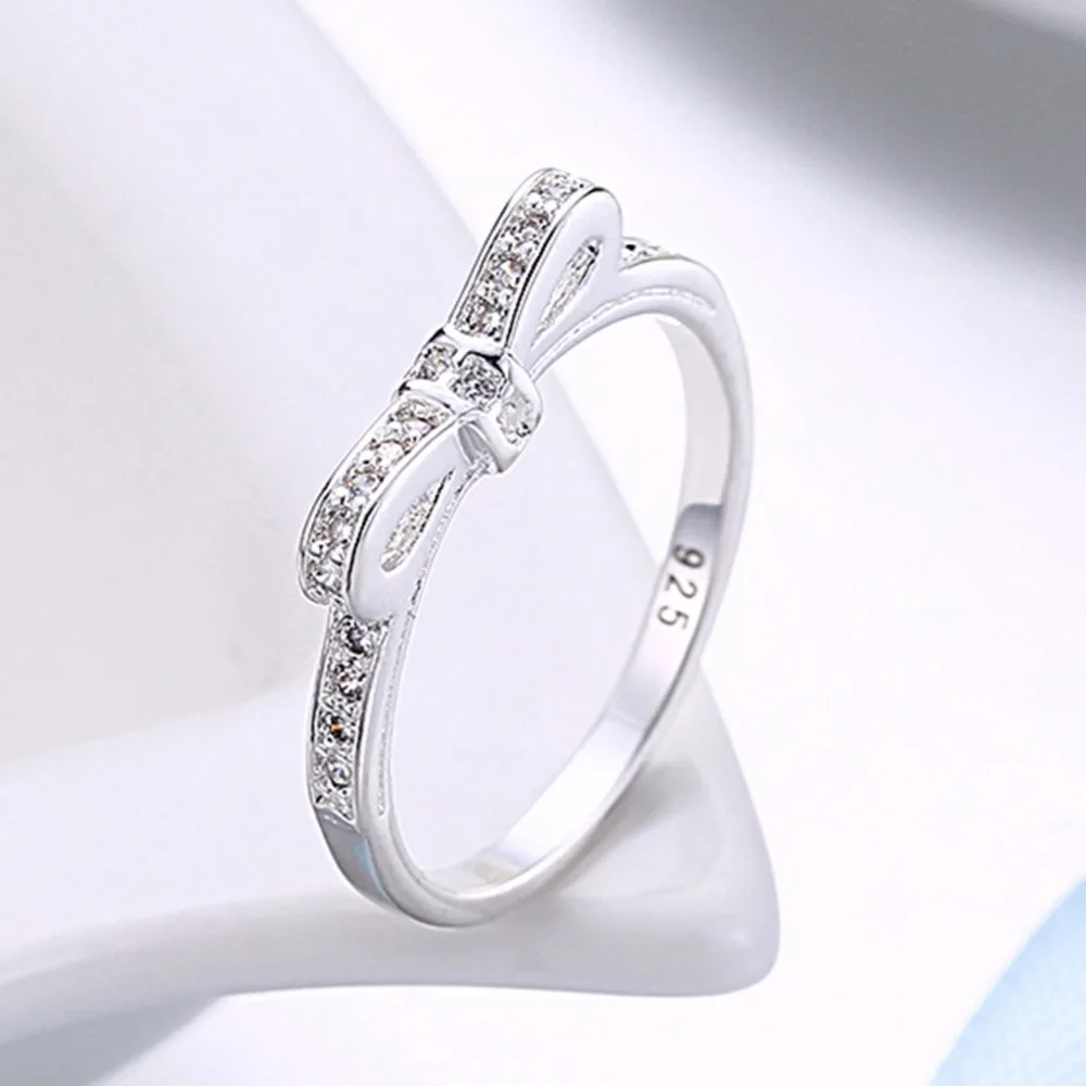 

Wholesale Fashion princess fashion Wedding bow tie ring Silver for WOMEN stone crystal Lady silver Ring jewelry engagement R992