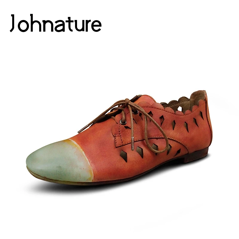 Johnature 2019 New Spring/autumn Brogue Shoes Genuine Leather Retro Mixed Colors Hollo Round Toe Lace-up Cross-tied Womens Flat | Обувь