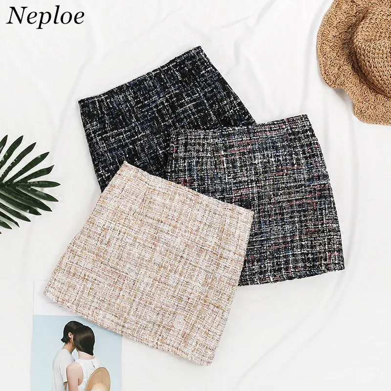 Neploe 2019 осень зима новые женские блестки смешанные твидовые юбки с высокой талией