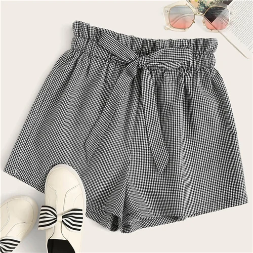 Black and White SHEIN элегантные черно-белые шорты с поясом в мелкую клетку, женские летние милые клетчатые шорты с высокой талией и оборками - Цвет: Black and White