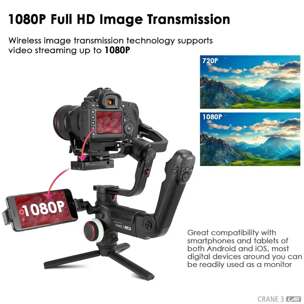 Zhiyun кран 3 лабораторный кран 2 Обновление версии 3-осевой карданный стабилизатор для DSLR камер, 1080 P Full HD Беспроводная передача изображения