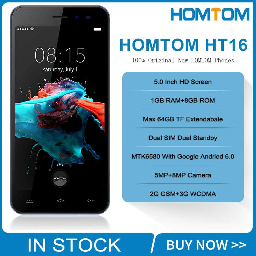 Оригинальный HOMTOM Ht16 смартфон с 3g WCDMA Android 6 0 мобильный телефон четырехъядерным