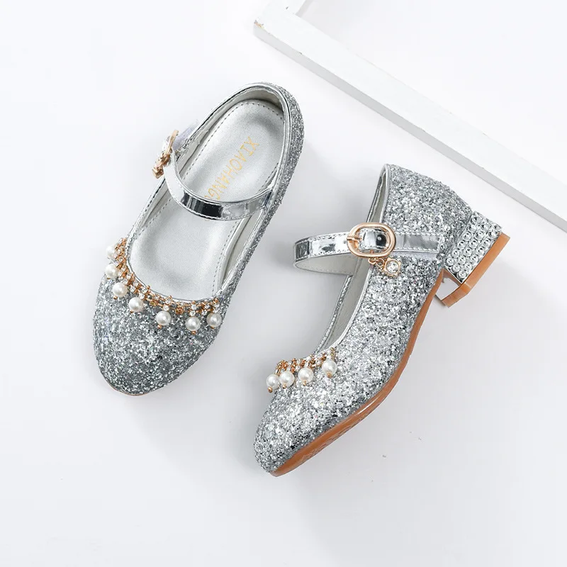 Детские туфли принцессы для девочек блестящие на высоком каблуке с кристаллами