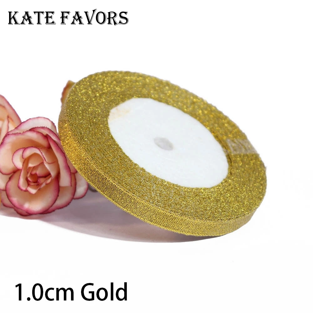 1.0cm Gold 25 ярдов Серебристые золотистые блестящие атласные ленты вечерние украшения для дома и свадьбы Подарочная упаковка Рождество год DIY ремесло материал - Цвет: 1.0cm Gold