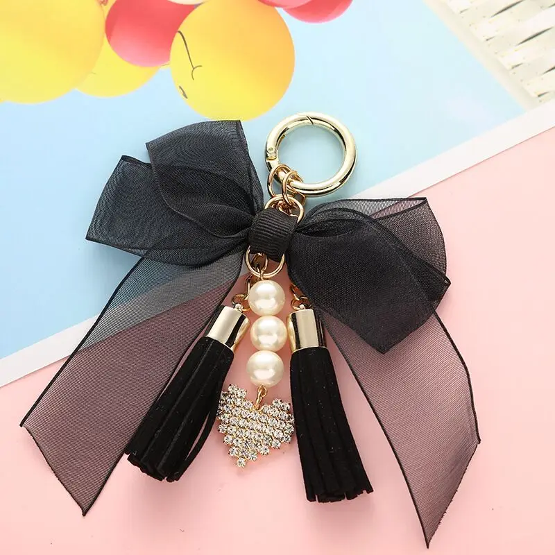 New Crystal bowknot Keychain Woman Tassel pearl Key Chain Bow Ring Women Bag Car Pendant Jewelry Gifts trinket | Украшения и