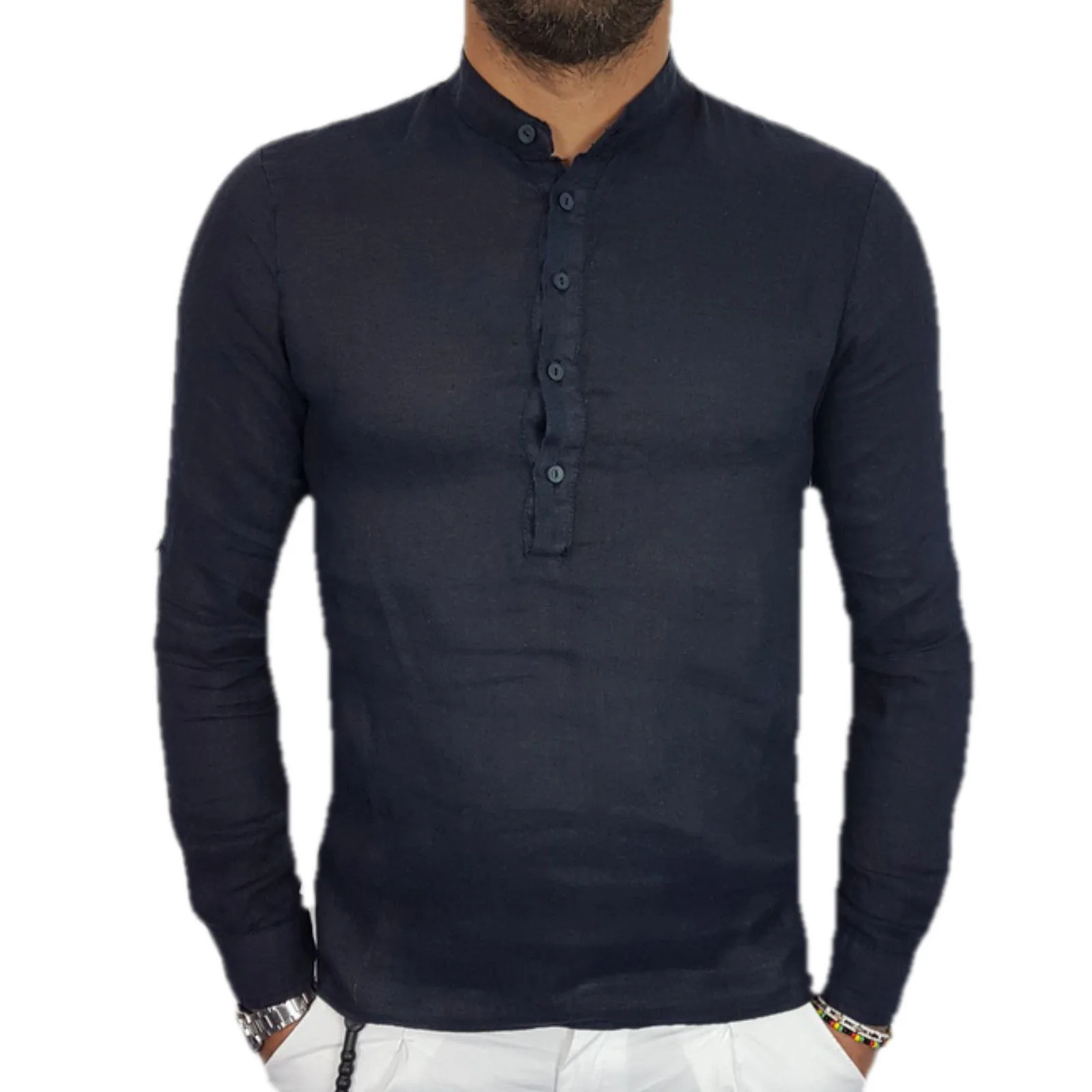 Черный Linen Blend Cotton Shirts Men Mandarin Collar Slim Fit Plain Basic Casual Shirts - Цвет: Черный