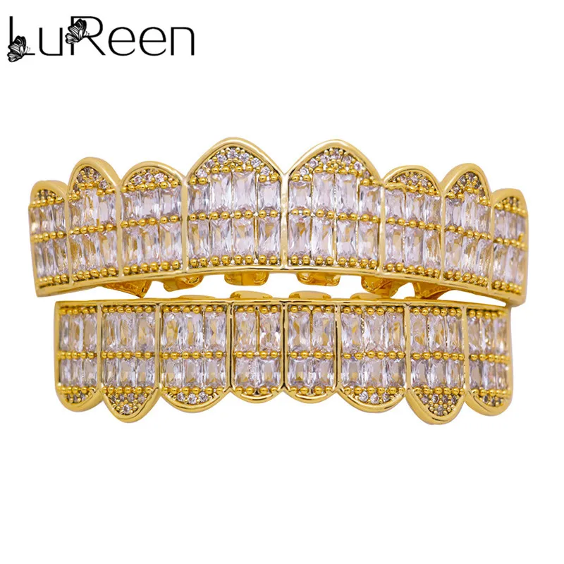 gold set LuReen Gold Grillz верхние и нижние грили зубные хип-хоп зуб гриль Зубы вампира шапки Рэппер рот ювелирные изделия PartyXHYT1120 - Окраска металла: gold set
