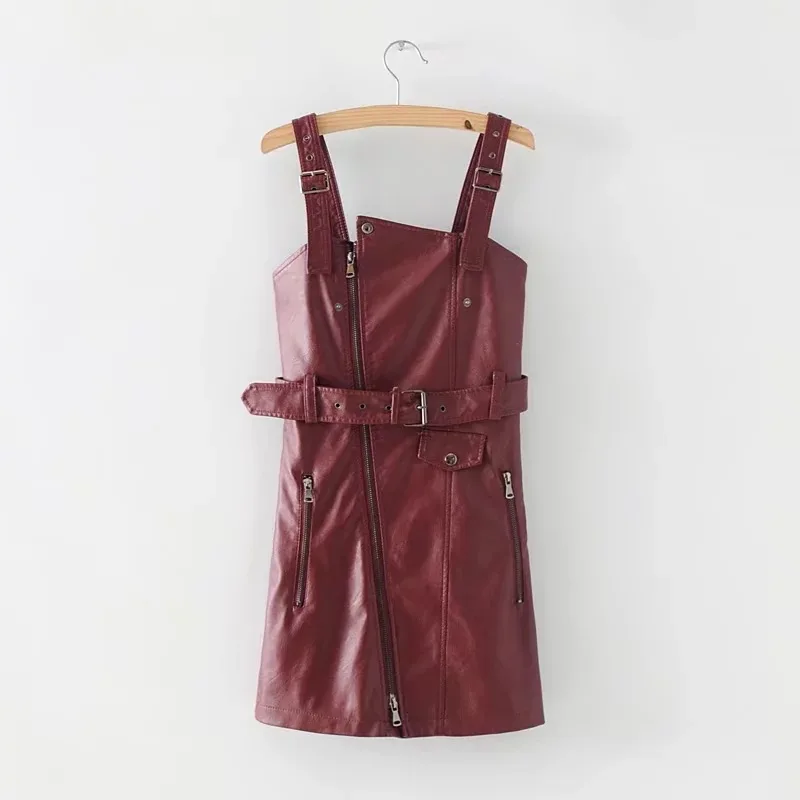 red Новое модное платье из искусственной кожи женское Мини сексуальное платье на бретелях с поясом на молнии Зимний черны - Цвет: red