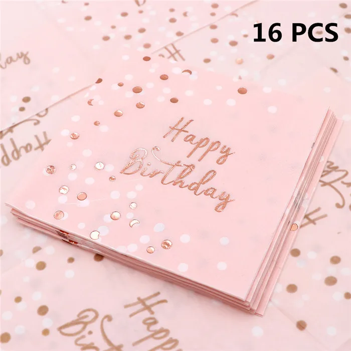 16pcs Napkin OurWarm Happy Birthday Disposable Party Tableware Pink Paper Cups Plates Napkin s Kids Birthday Party Supplies - Цвет: 16pcs Napkin