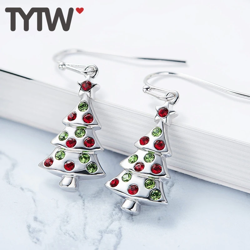 TYTW серебряный цвет хрустальные серьги для женщин Рождественская елка девушка