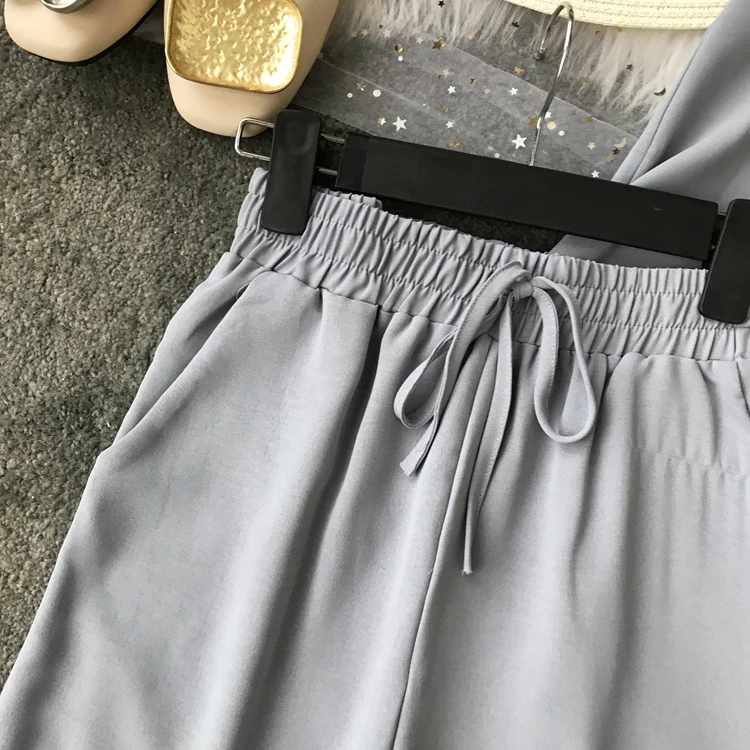 ALPHALMODA/ летний однобортный Топ с оборками+ широкие брюки, Женский повседневный комплект из 2 предметов, женские летние однотонные штаны, костюмы