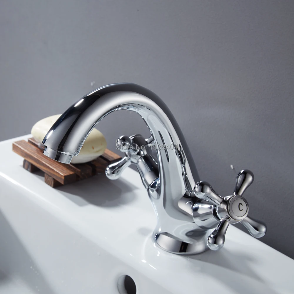 1set High Quality Basin sink Faucet Chrome Plating Double Handle Cold Hot Water Mixer Retro Style Solid Brass body PL8005 | Обустройство