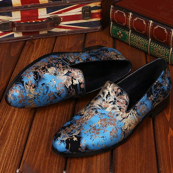 

Brand Designer Men'S Fashion Real Leather Floral Painted Loafers Blue Red Slipper Smoking Slip Ons Dress Shoes Men Drop Shipping