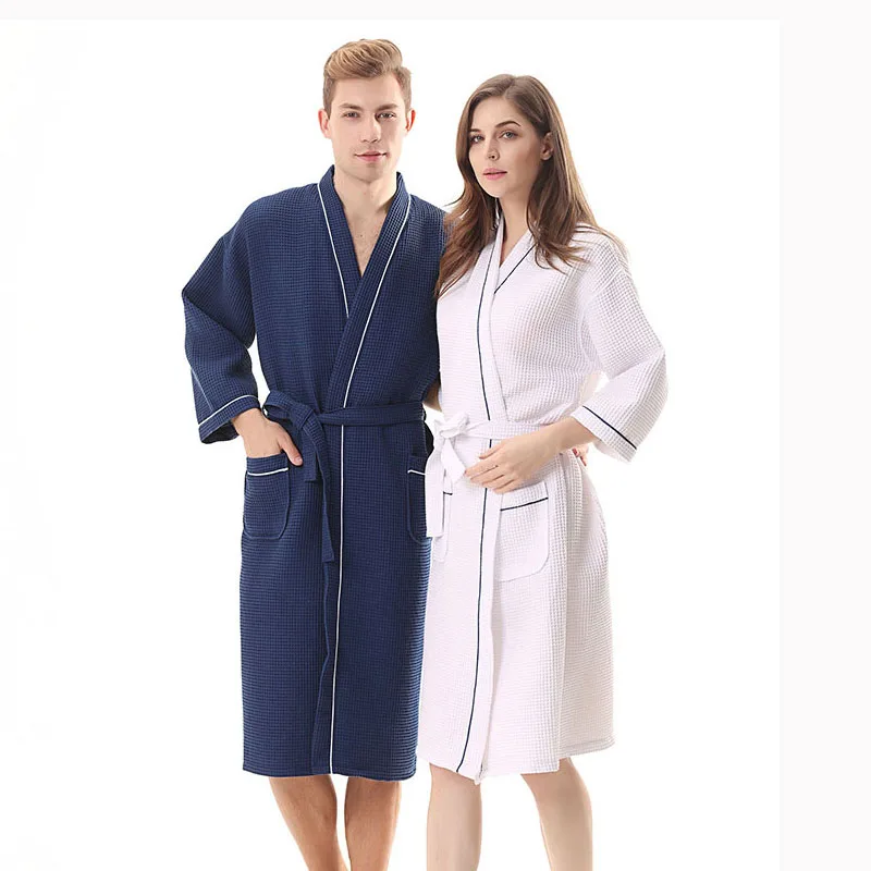 

High Quality Waffle Cotton Kimono Bathrobe Women Comfortable Suck Water Bridesmaid Robes Man Dressing Gown Autumn Robe Femme