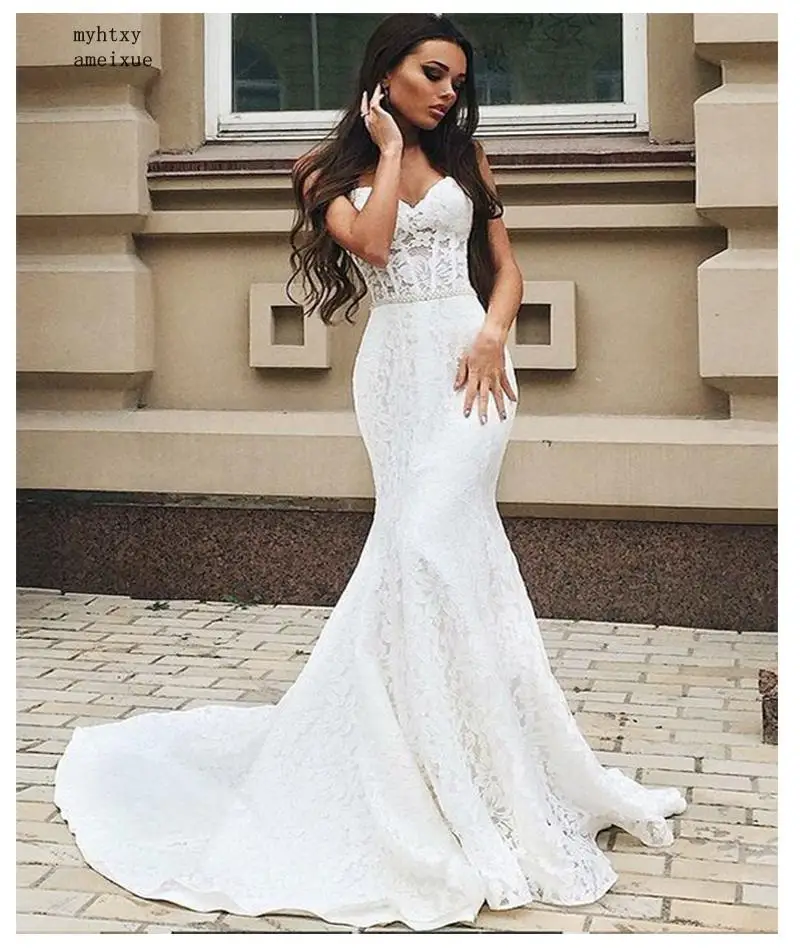 

Mermaid Wedding Dresses 2020 Lace Appliques With Beaded Sashes Sleeveless Bride Dress Custom Made Vintage Wedding Gown Casamento