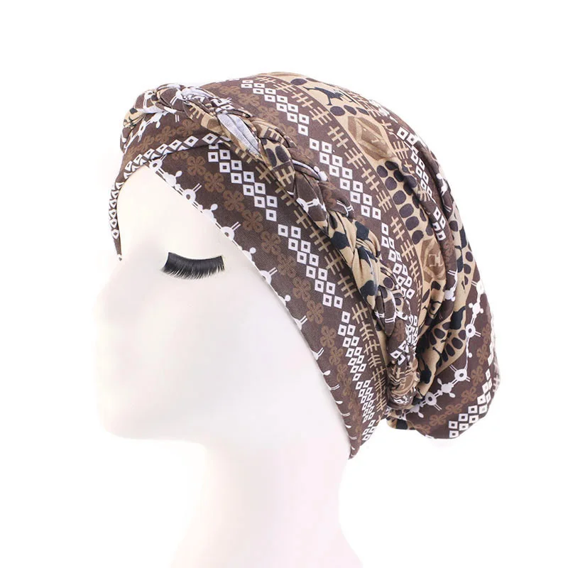 khaki New Ethnic Style Twist Braid Turban Cap Bohemian Print Muslim Hat Women Bandanas Headwear Hair Accessories Headscarf Hijab - Цвет: khaki