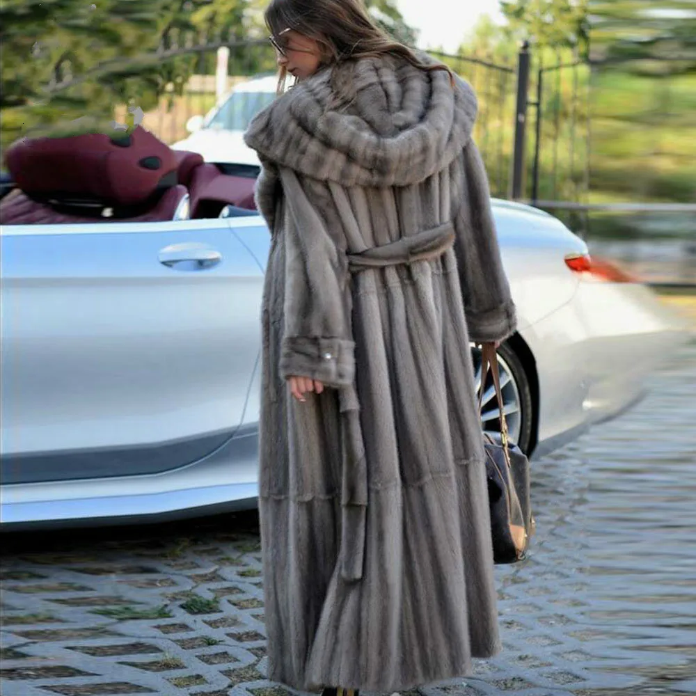 

BFFUR 130cm Long Real Mink Fur Coat With Hood 2021 New Trendy Natural Mink Fur Overcoats Luxury Woman Fur Coat Natural Outwear