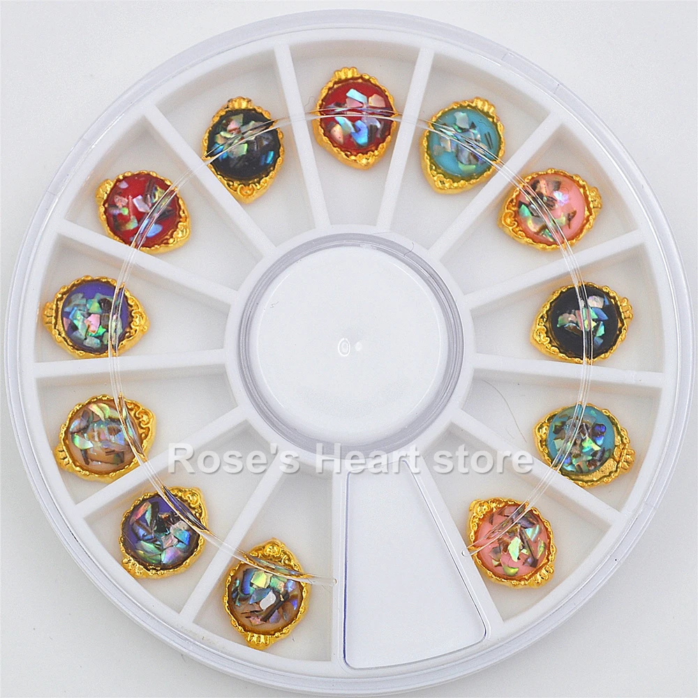 

12pcs 3d gold metall nail art decorations wheel Glitter round shell rhinestones nails accessories supplies manicure design tool