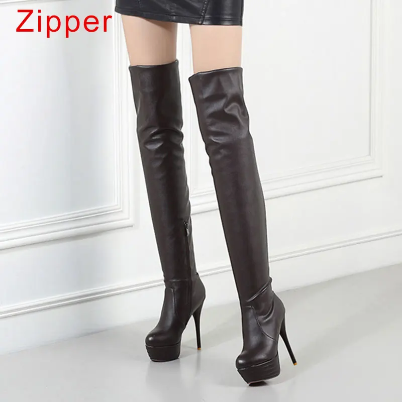 Brown with Zipper Taoffen/пикантные ботфорты выше колена размера плюс 33-46 женские высокие сапоги осень-зима женские бархатные сапоги на платформе - Цвет: Brown with Zipper