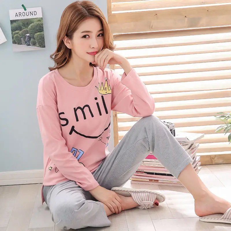 huanguansmile pink Новинка, трикотажная Хлопчатобумажная Пижама, летний и осенний женский Пижамный костюм с длинными рукавами, Корейская Домашняя одежда с круглым воротником для отдыха - Цвет: huanguansmile pink