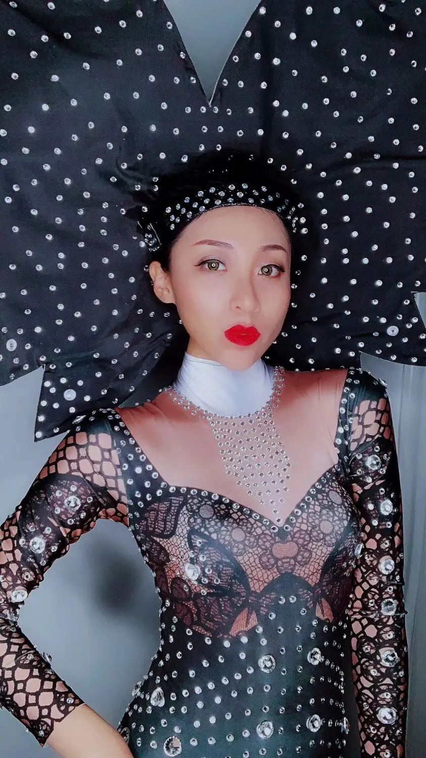 

Black Rhinestones headwear Bodysuit Evening Party Women Singer Stage Costume Jumpsuits Crystals Birthday Celebration Costume
