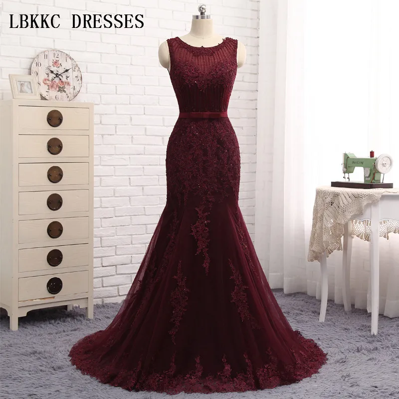 

Mermaid Evening Dress Burgundy Floor Length Tulle With Lace Beaded Vestidos De Festa Longo Robe De Soiree