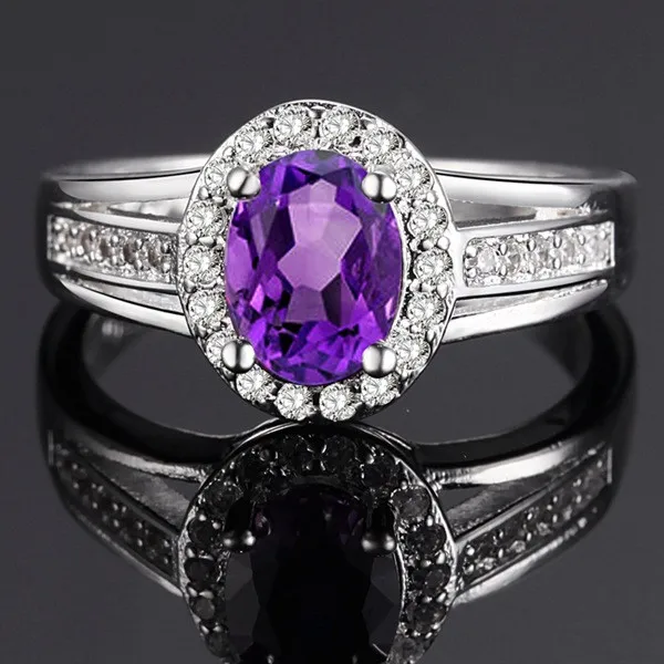 Vinnago Women's Anniversary Rings Silver Plated Marked 925 CZ Halo Colored Crystal Ring Female Jewellery Red Blue Green Purple |