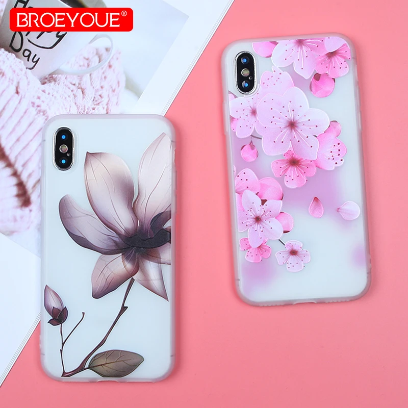 Broeyoue чехол на айфон 7 8 Plus X 3D мягкий рельеф ТПУ цветочный силиконовый 6 6s плюс 5 5S SE
