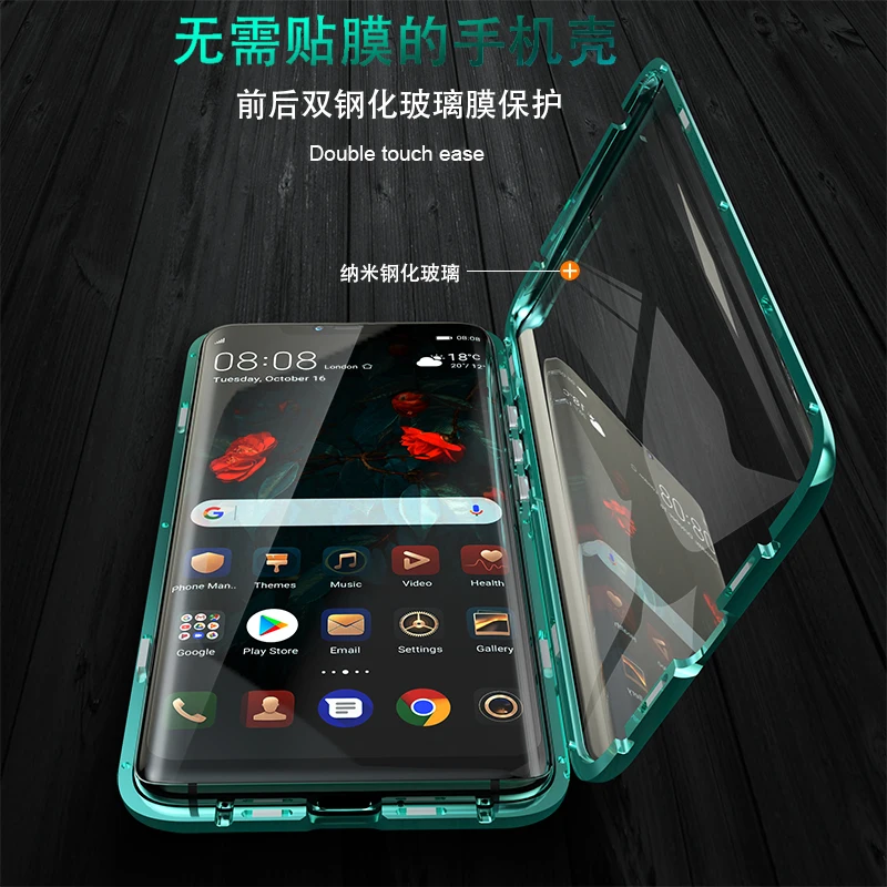 Для huawei mate 20 Pro Магнитный чехол 360 Передний+ задний двухсторонний 9H чехол из закаленного стекла для huawei mate 20 Pro металлический бампер чехол