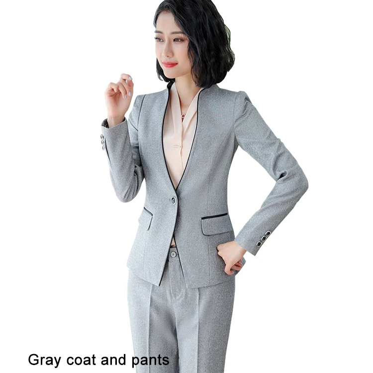 Gray coat and pants Новая мода Бизнес интервью женские брючные костюмы плюс размер рабочая одежда офисные женские с длинным рукавом Тонкий Блейзер и брюки комплект - Цвет: Gray coat and pants