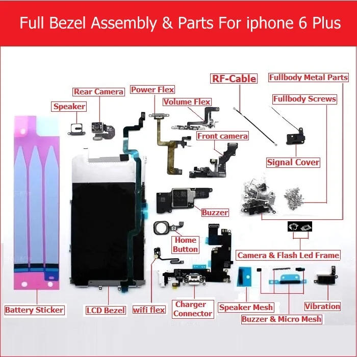 For 6p-Full-parts Полный набор ободок в сборе для iPhone 6 6p 6s 6s p Зарядное устройство usb/lcd ободок/камера/динамик/вибрация/винт/кронштейн/зуммер/wifi запчасти - Цвет: For 6p-Full-parts