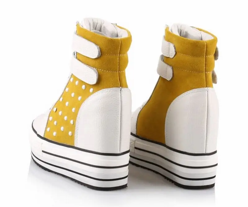 genuine leather wedges heel women ankle boots fashion platform high-heeled rivets botas femininas high top lace up casual shoes | Обувь